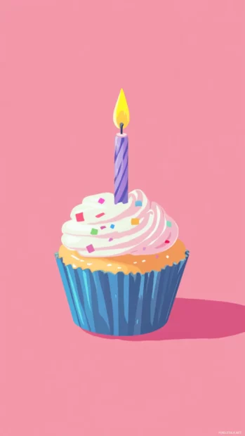 Single candle lit on tiny birthday cupcake in aesthetic setting.