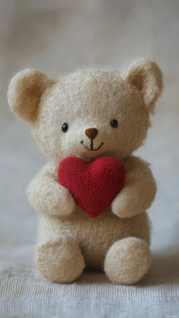 Small Teddy Bear holding heart, soft plain background.