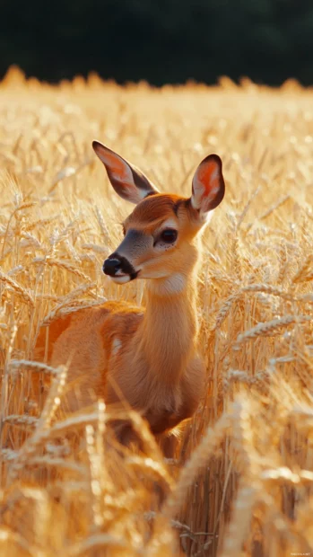 Small deer among golden wheat fields.