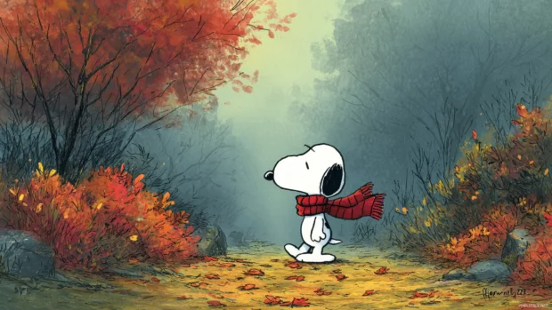 Snoopy autumn themed desktop wallpaper capturing Snoopy in cozy scarf walking through leafy landscape.