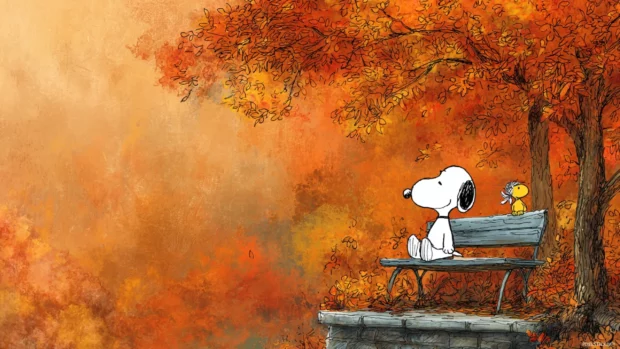 Snoopy autumn wallpaper desktop depicting Snoopy sitting with Woodstock on a park bench surrounded by fall foliage.