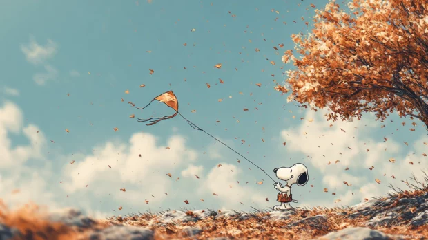 Snoopy fall 4k wallpaper with Snoopy flying a kite through a forest of autumn trees against clear sky.