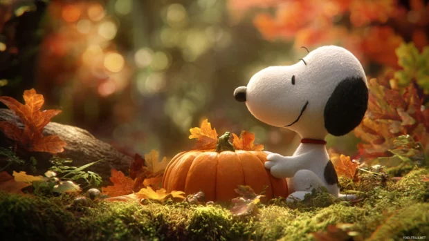 Snoopy fall HD desktop wallpaper showing Snoopy carving a pumpkin next to colorful autumn leaves on grass.