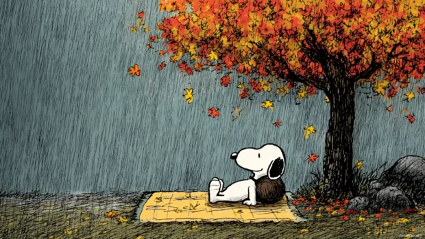 Snoopy fall background scene with Snoopy lying on a blanket under a maple tree showered by falling leaves.