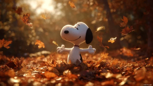 Snoopy fall desktop wallpapers featuring Snoopy dancing in a pile of orange leaves under golden sunlight.