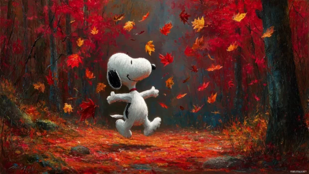 Snoopy fall leaves wallpaper showing Snoopy joyfully tossing red and gold leaves in crisp forest clearing.