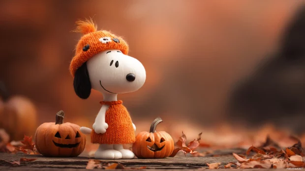 Snoopy halloween fall wallpaper desktop depicting Snoopy in a cute costume standing by jack o lanterns among leaves.