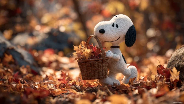 Snoopy happily collecting fall leaves in a basket during a crisp autumn morning in the countryside.