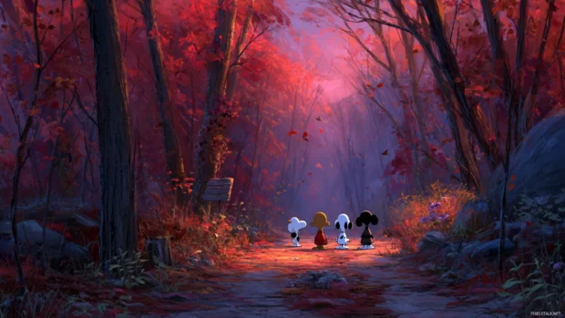 Snoopy peanuts autumn wallpaper desktop featuring Snoopy and friends strolling down a leaf covered woodland path at dusk.