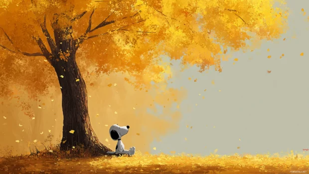 Snoopy sitting under a tall fall tree surrounded by falling golden leaves in a peaceful park.