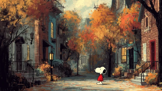 Snoopy walking through a quiet fall village street lined with tall trees dressed in warm autumn colors.