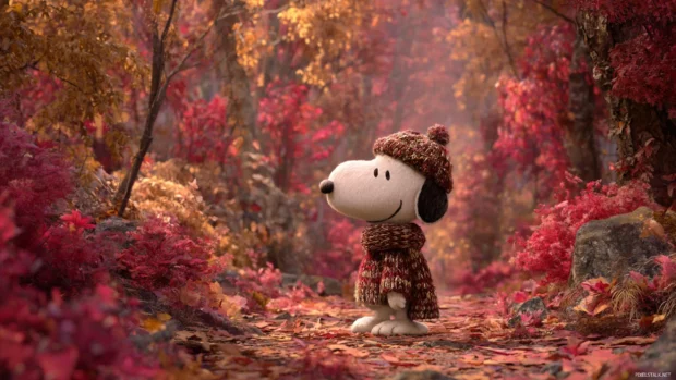 Snoopy wearing a cozy scarf while strolling through a charming fall forest filled with red and yellow leaves.
