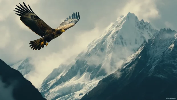 Snow capped mountains in the background as an eagle glides silently.