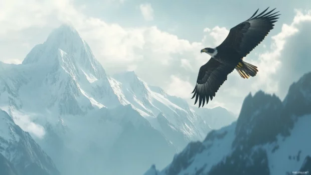 Snow capped peaks in the distance with an American eagle flying close.