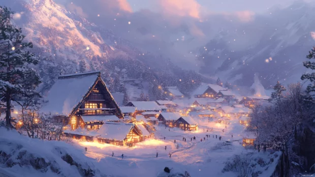Snow covered Japan mountain villages with wooden houses and soft winter light.