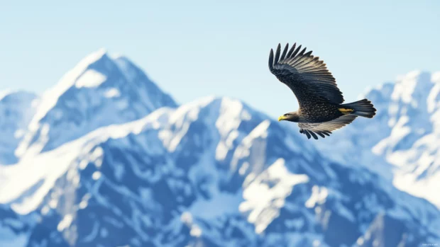 Snow covered mountains frame a flying eagle under clear blue skies.