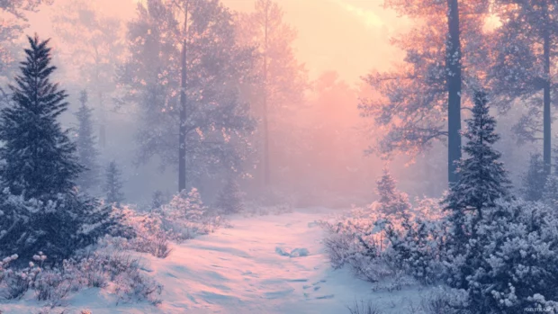 Snow covered pine forest at dawn 2560x1440 wallpaper bathed in soft pink and orange light.