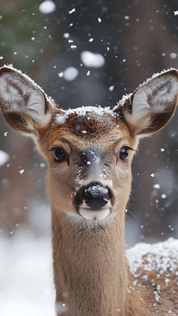 Snow gently falling on a young deer.