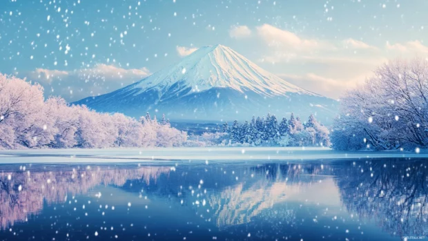 Snow gently falling over Mount Fuji while the mountain stands serene above a frozen lake.