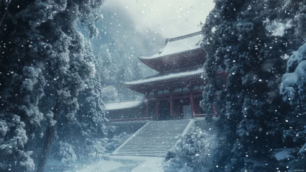 Snow gently falling over a centuries old Japan temple surrounded by tall cedar trees in Nikko.