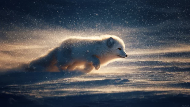 Snow sparkles on the back of an Arctic Fox as it trails across a windswept plain, wind in fur and cinematic motion.