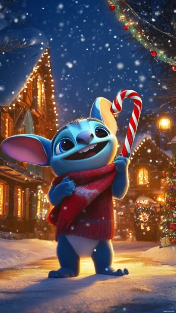 Snowy Christmas village background with Stitch holding a candy cane, playful Stitch Christmas vibe.