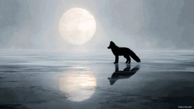 Snowy arctic fox wallpaper portraying a fox silhouette against a full moon reflected on icy lake.