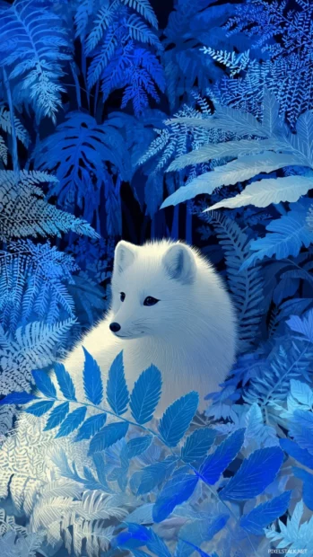 Snowy arctic fox wallpaper with the fox nestled among frosted ferns in a dreamy blue white color palette.