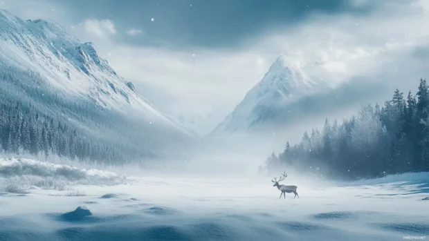 Snowy mountain landscape with a majestic reindeer in the distance.