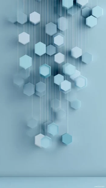 Soft Blue Geometric hexagon tiles cascading diagonally on a minimalist mobile background.