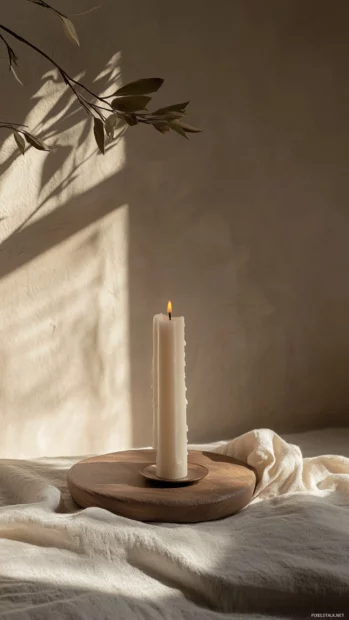 Soft Earth tone aesthetic featuring candle, linen, and shadows.