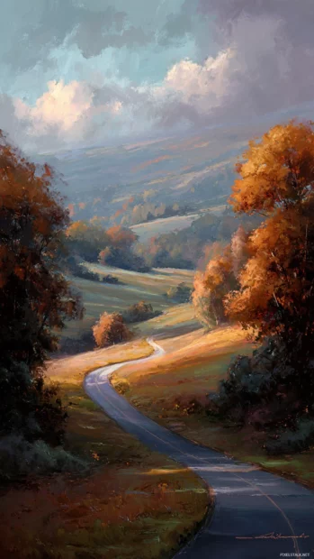 Soft Fall vibes with gentle brush strokes depicting a winding road through a quiet autumn landscape.