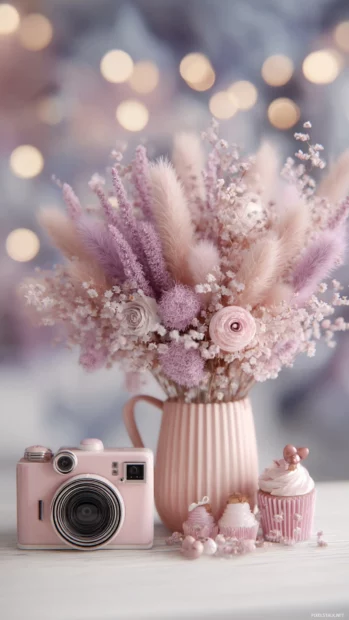 Soft aesthetic lavender arrangement with blush accessories, retro camera and gentle bokeh.