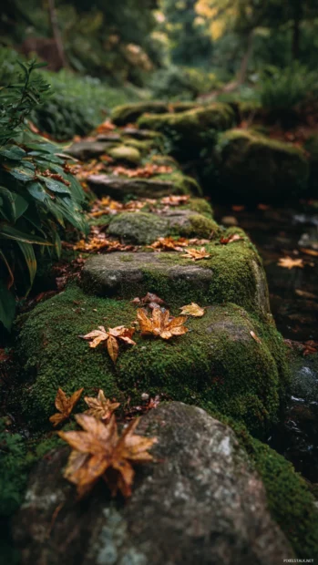 Soft and dreamy Fall vibes featuring golden leaves gently resting on a stone path surrounded by moss.
