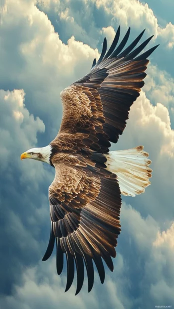 Soft clouds frame the bold wingspan of a gliding Eagle.