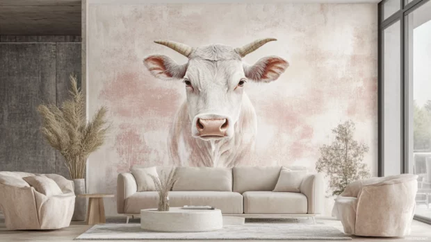Soft cow print wallpaper with watercolor effects in light pink and beige tones, offering a dreamy and delicate atmosphere.