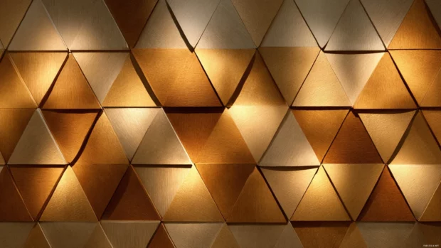 Soft glow illuminating a modern geometric pattern made entirely from gold tones.
