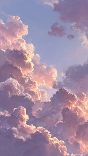 Soft lavender clouds drifting across a pale sky with hints of peach and gold.