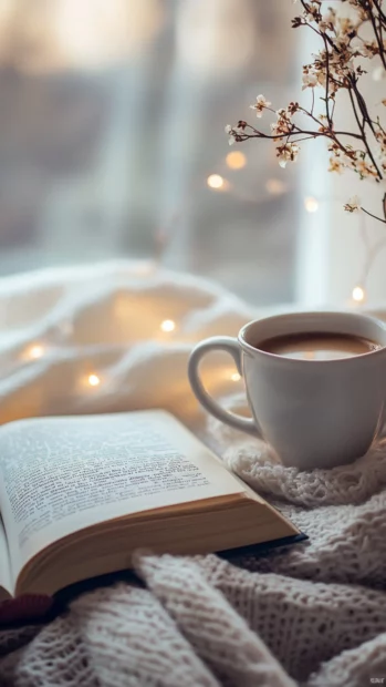 Soft lighting over an aesthetic book and a warm cup of coffee with feminine tones.