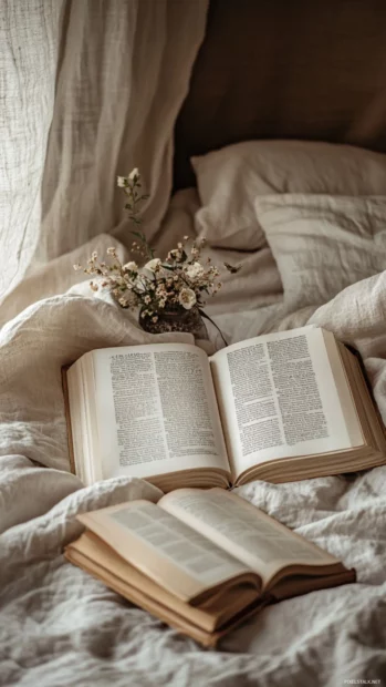 Soft linen sheets and open books scattered by a peaceful book lover.