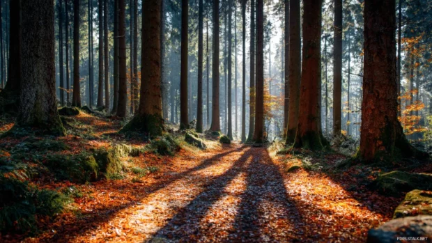 Soft morning light filtering through the tall trunks of a fall forest, casting long shadows on a path covered with leaves.