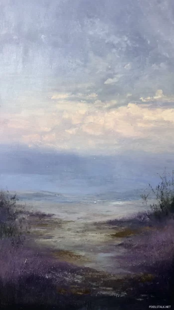 Soft painterly lavender landscape with delicate strokes and muted color palette.