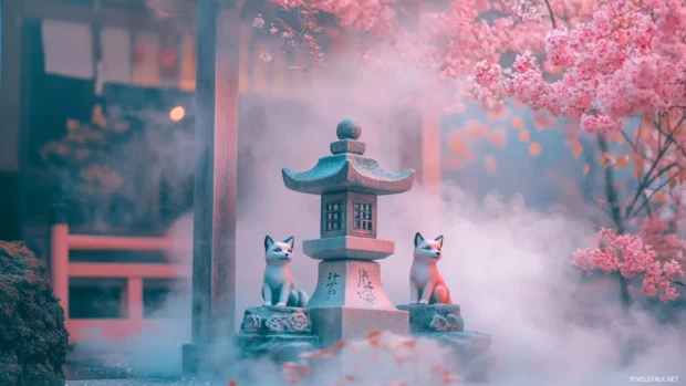 Soft pastel Cute Japan wallpaper featuring a small cozy shrine with fox statues and light mist.