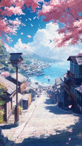 Soft pastel anime wallpaper with Japanese seaside town scenery.