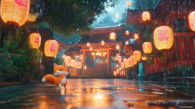 Soft pastel rain falls over a cute japan shrine as anime fox spirits dart between glowing lanterns.