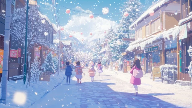 Soft pastel snow falls on a cute japan street where anime friends play and throw snowballs.