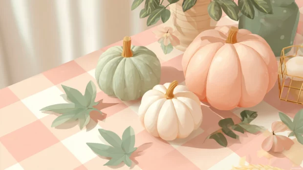 Soft pastel tones and preppy Fall motifs blending pumpkins, leaves, and checkered tiles.