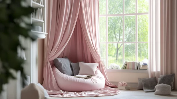 Soft pink curtains framing a reading corner for a true book lover.