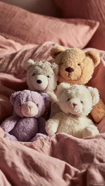 Soft plush toys in Cute Lavender color scattered on a cozy pink bedspread.