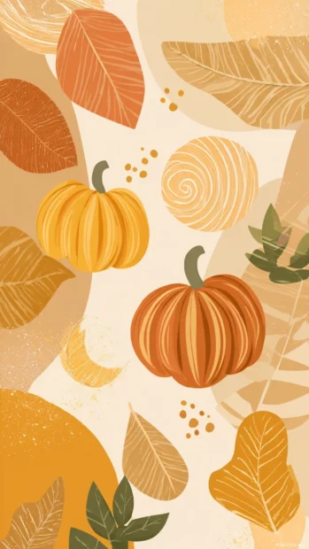 Soft preppy Fall background for iPhone with clean geometric patterns of leaves and pumpkins in warm colors.